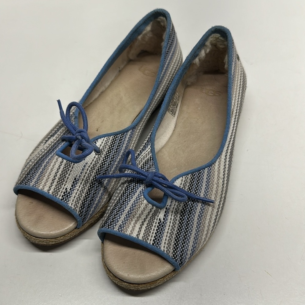 Ugg Marleigh Serape Ballet Flat Shoes Open Toe Espadrilles Bow Blue Striped 7.5